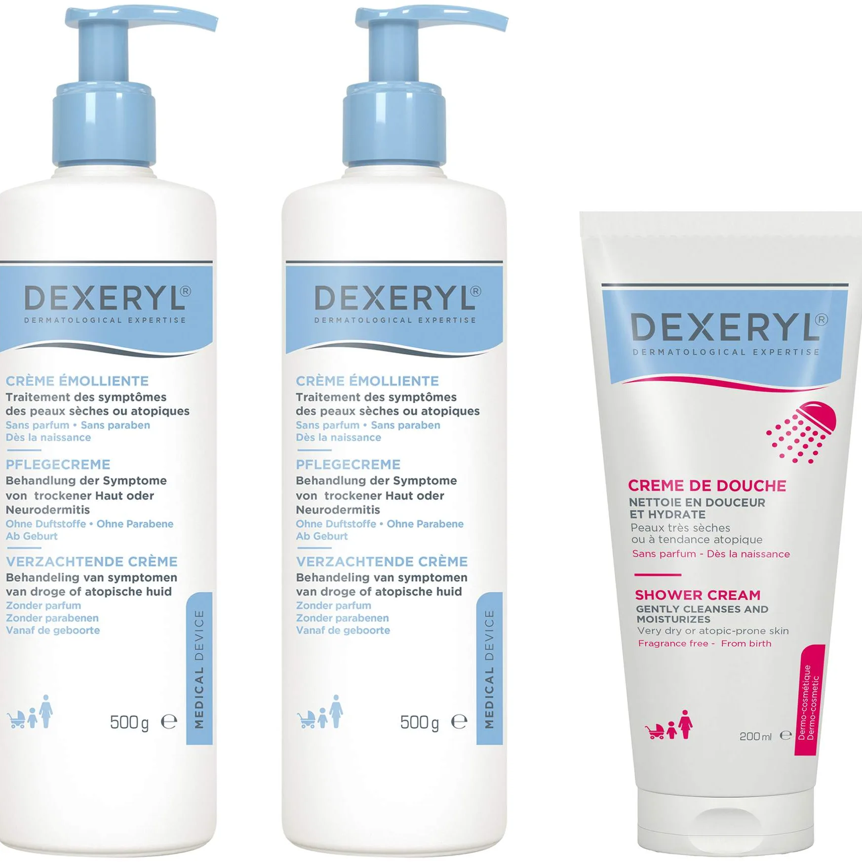 Sparset Dexeryl Creme 2 x 500 g + Dexeryl Shower Duschcreme 200 ml