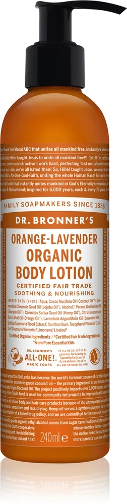 Dr. Bronner’s Orange & Levender ravitseva ja kosteuttava vartalomaito 240 ml