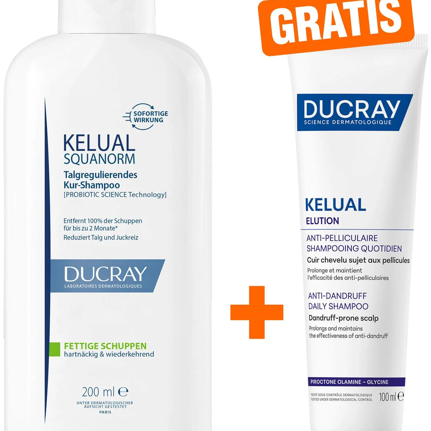 Ducray Kelual Squanorm fettige Schuppen 200 ml Shampoo + gratis Ducray Elution ausgl. Shampoo 100 ml - Bei fettige Schuppen