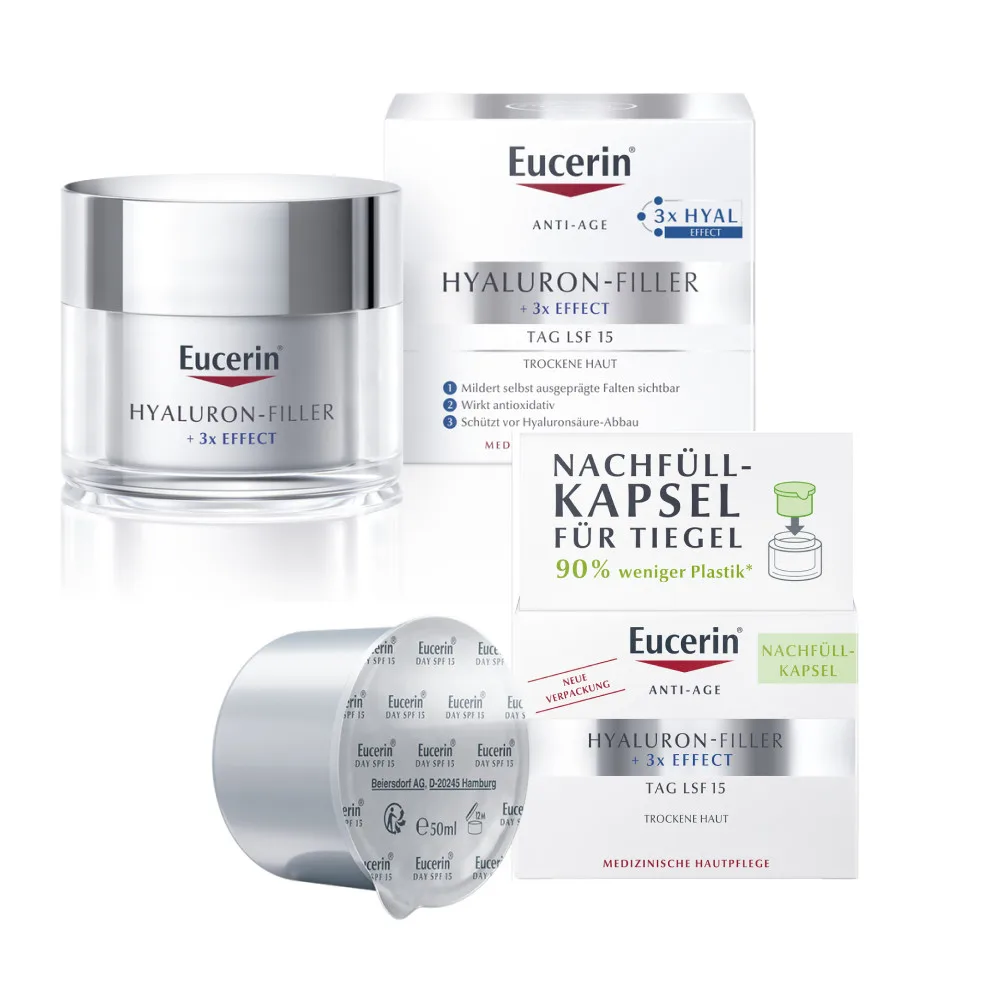 Eucerin Anti-Age Hyaluron-Filler + 3x EFFECT Tag LSF 15 Nachhaltigkeit Refill Bundle 1 Sparset