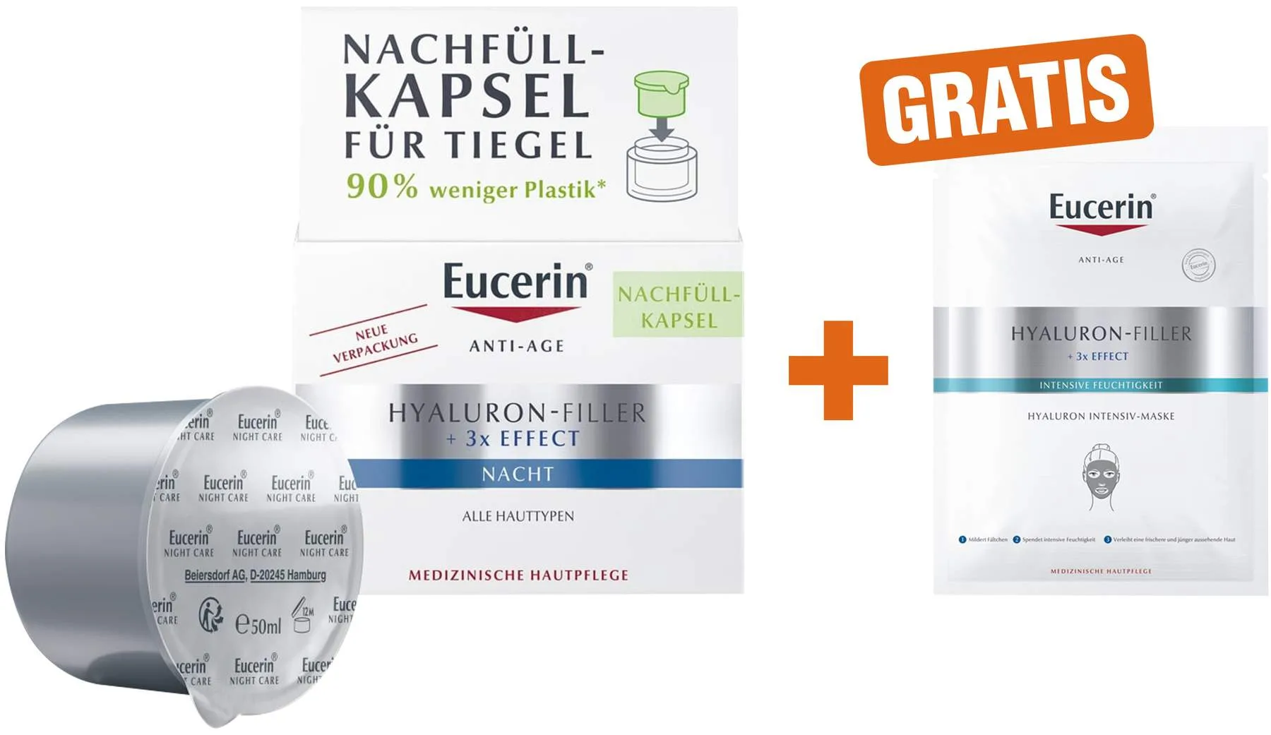 Eucerin Anti Age Hyaluron Filler Nachtpflege Refill 50 ml + gratis Anti Age Hyaluron Filler Intensiv Maske 1 Stück - Faltenauffüllende Hautpflege