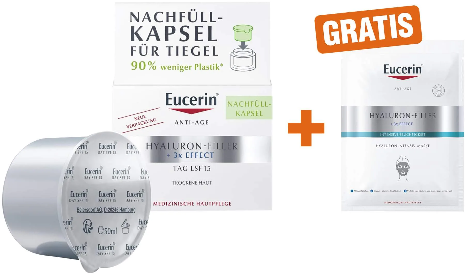 Eucerin Anti Age Hyaluron Filler Tagespflege 50 ml + gratis Anti Age Hyaluron Filler Intensiv Maske 1 Stück - Faltenauffüllende Hautpflege