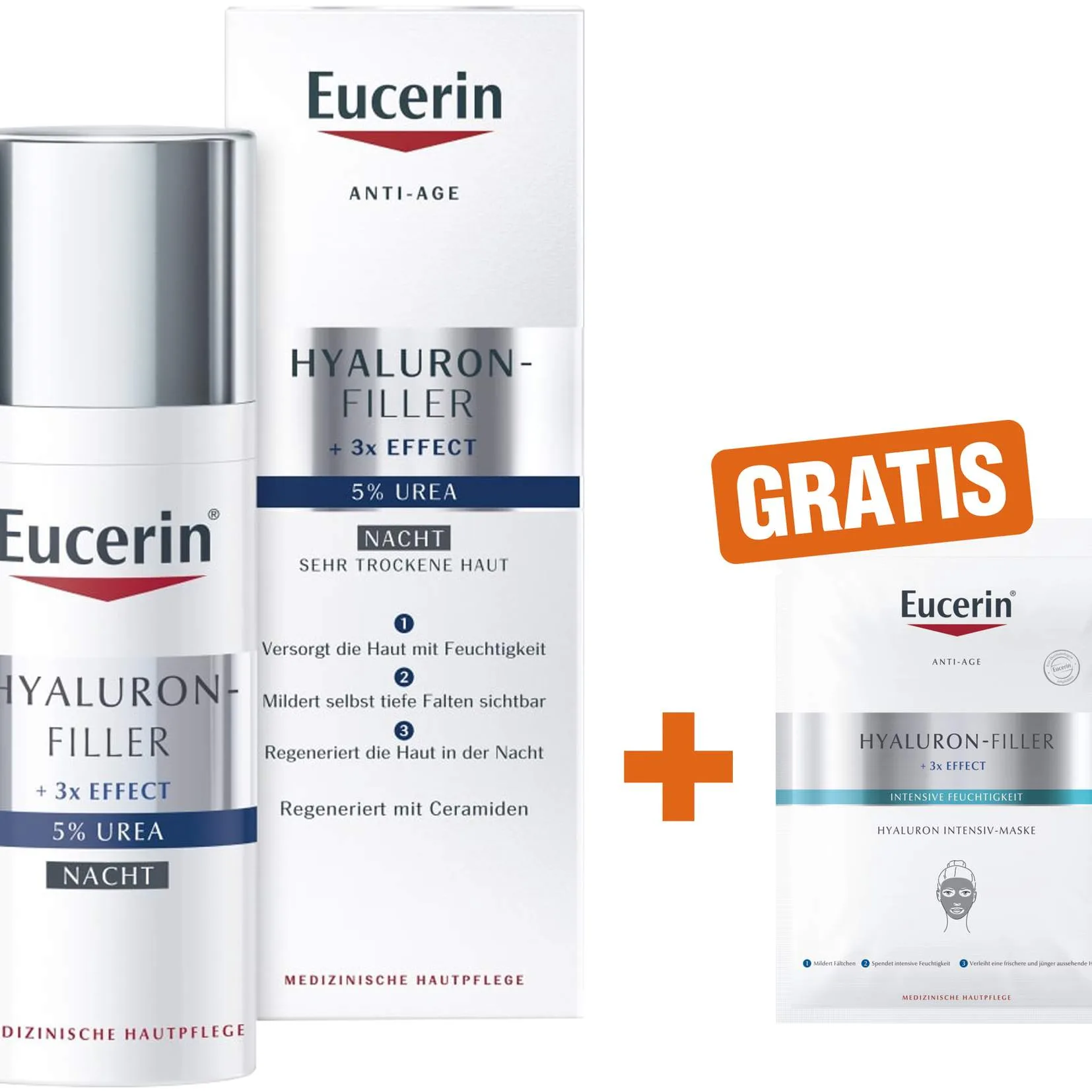 Eucerin AntiAge Hyaluron-Filler Urea Nachtpflege 50 ml Creme + gratis Anti Age Hyaluron Filler Intensiv Maske 1 Stück - Faltenauffüllende Hautpflege