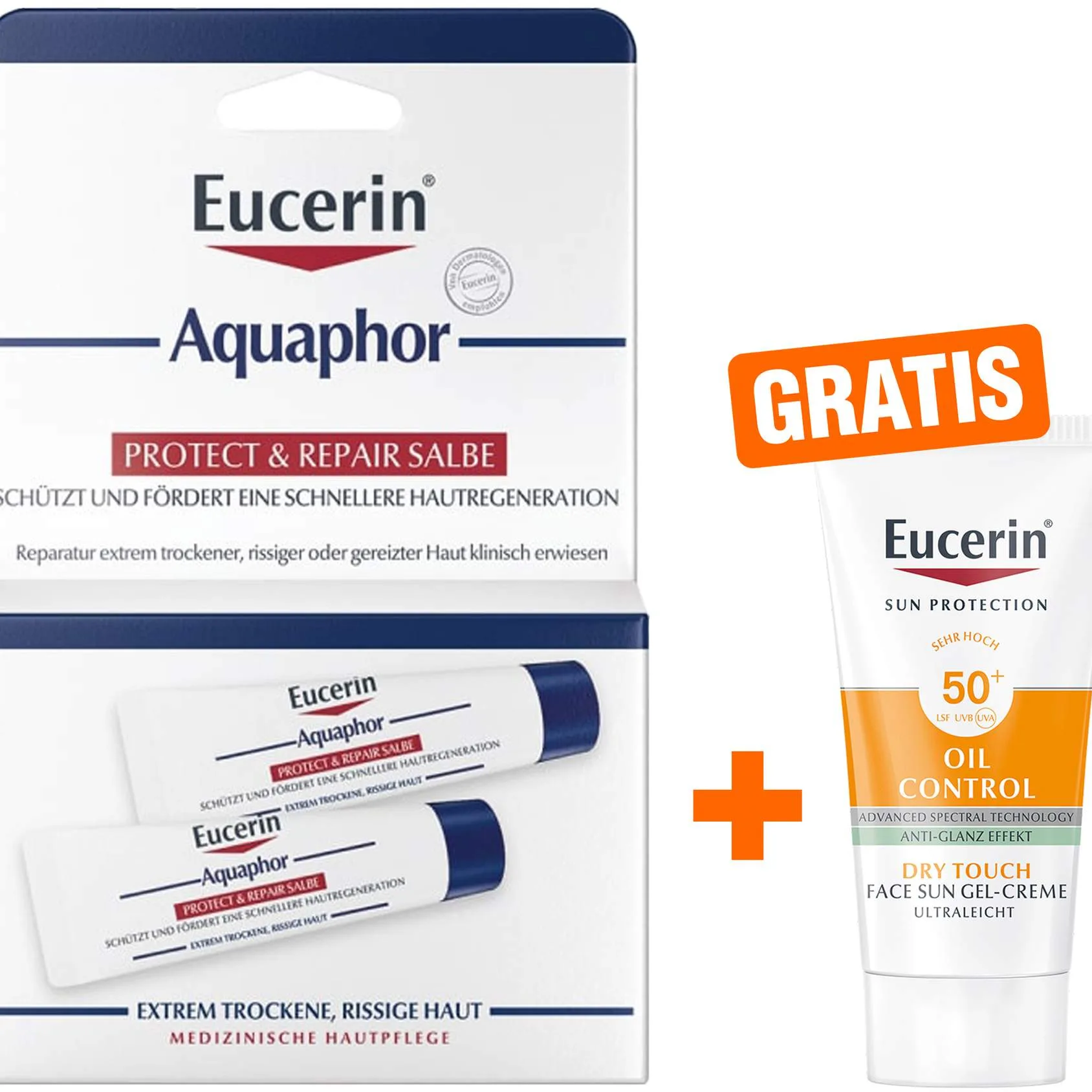 Eucerin Aquaphor Protect & Repair 2 x 10 ml Salbe + gratis Eucerin Sun Gel-Creme Oil Control 20 ml - Sehr Empfindliche Gesichtshaut