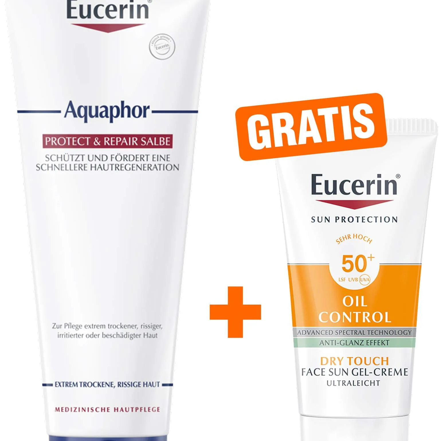 Eucerin Aquaphor Protect & Repair 220 ml Salbe + gratis Eucerin Sun Gel-Creme Oil Control 20 ml - Sehr Empfindliche Gesichtshaut