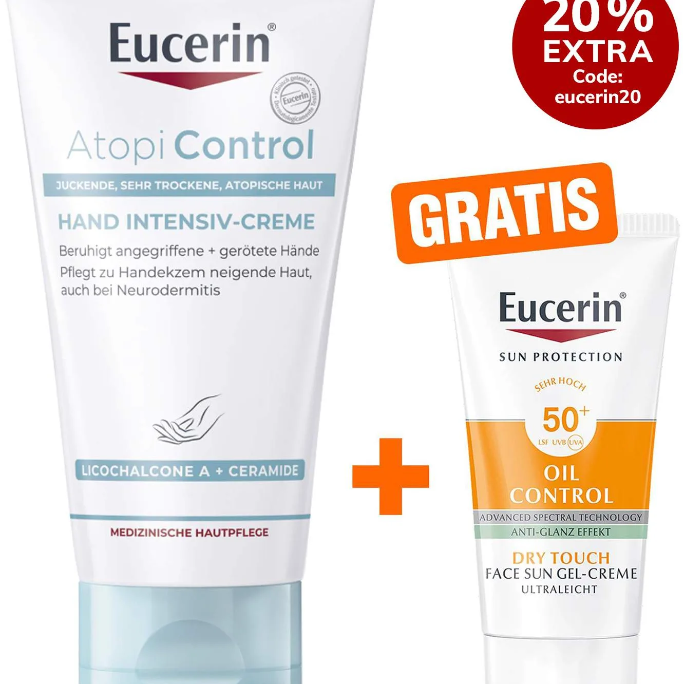 Eucerin AtopiControl Hand Intensiv 75 ml Creme + gratis Eucerin Sun Gelcreme Oil Control 20 ml - Für trockene und spröde Hände
