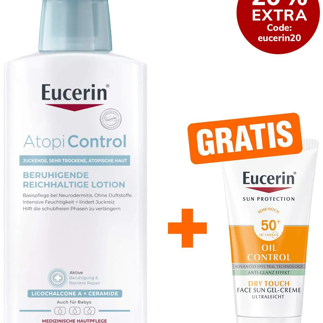 Eucerin AtopiControl Lotion 400 ml + gratis Eucerin Sun gelcreme Oil Control 20 ml - Bei Neurodermitis