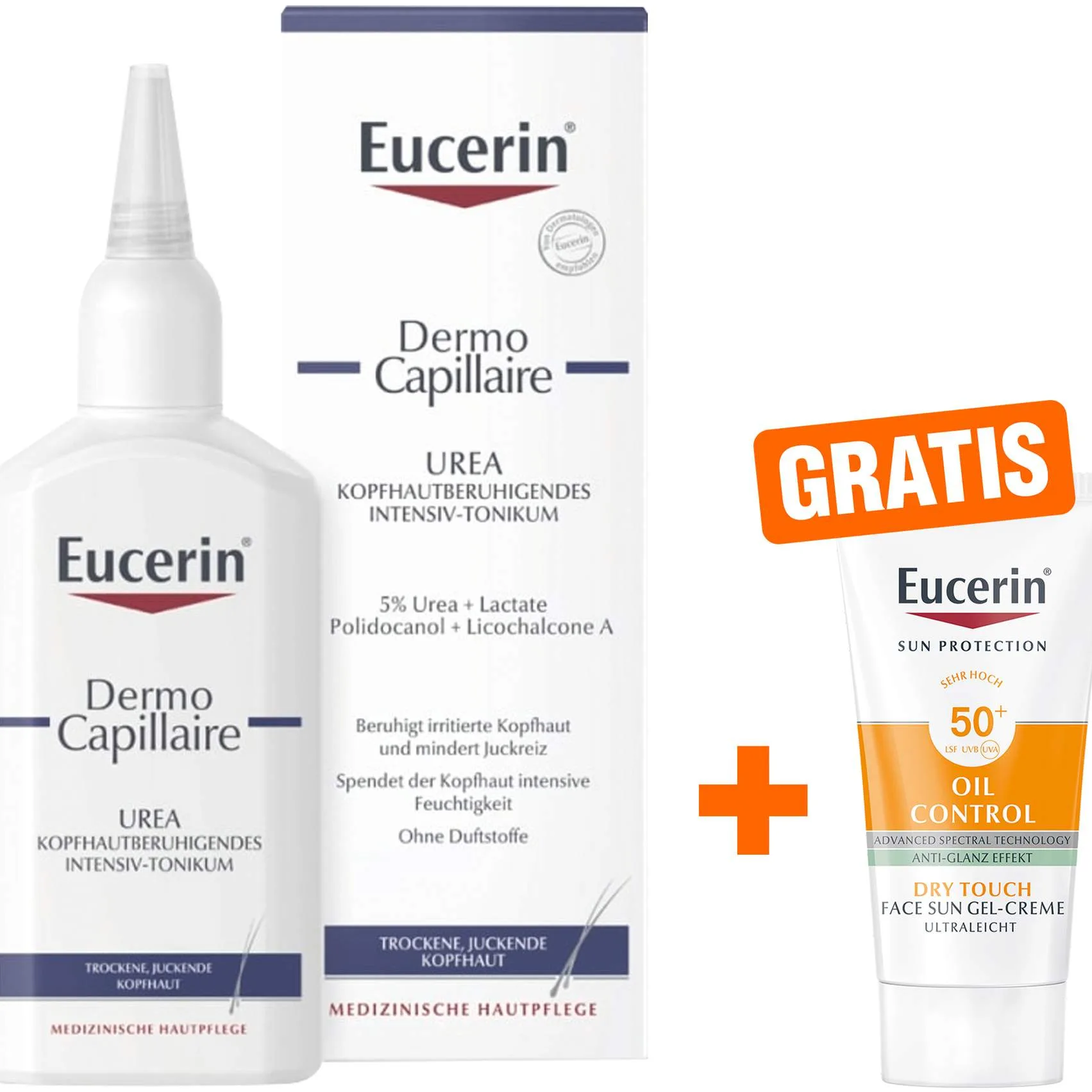 Eucerin Dermo Capillaire kopfhautberuhigend Tonikum 100 ml + gratis Sun Gel-Creme Oil Control 20 ml - Bei trockener & juckender Kopfhaut
