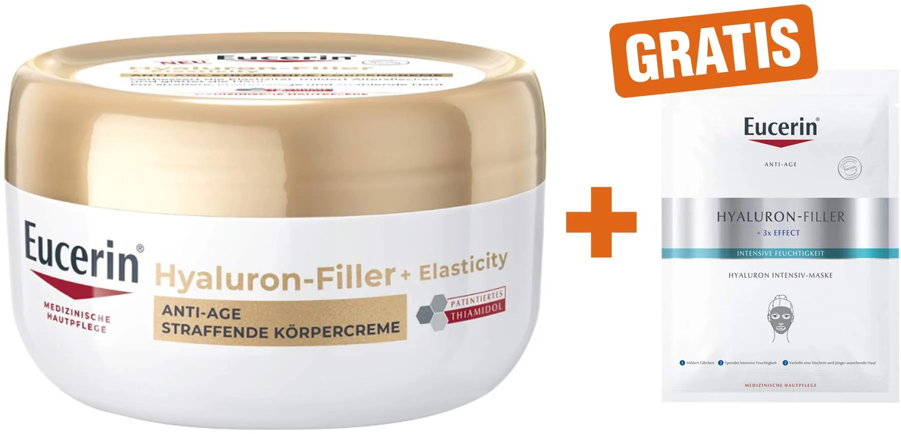 Eucerin Hyaluron Filler + Elasticity Körpercreme 200 ml + gratis Anti Age Hyaluron Filler Intensiv Maske 1 Stück - Bei Pigmentflecken