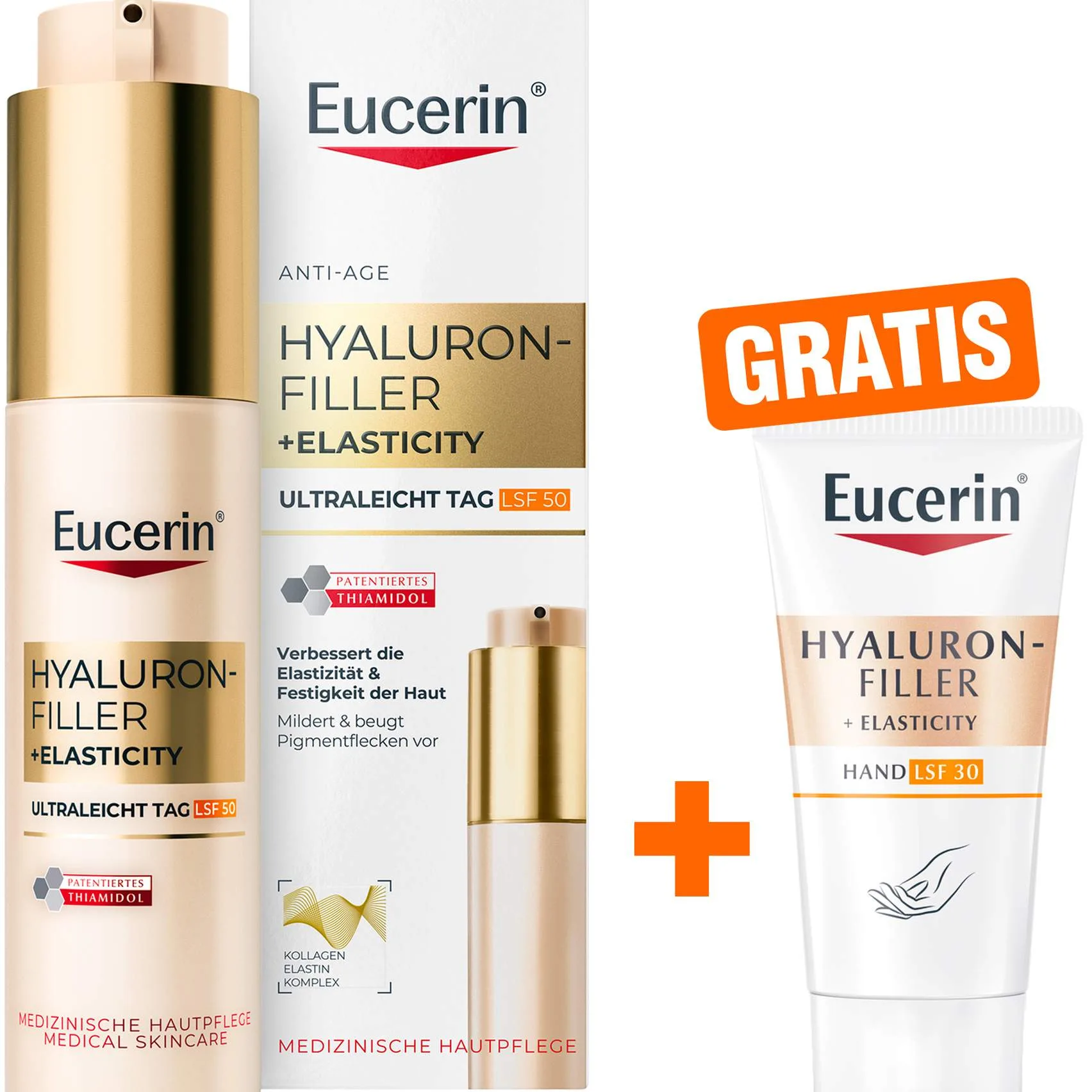 Eucerin Hyaluron Filler + Elasticity Ultraleicht Tag LSF50 50 ml + gratis Elasticity Handcreme 20 ml - Verbessert die Hautelastizität