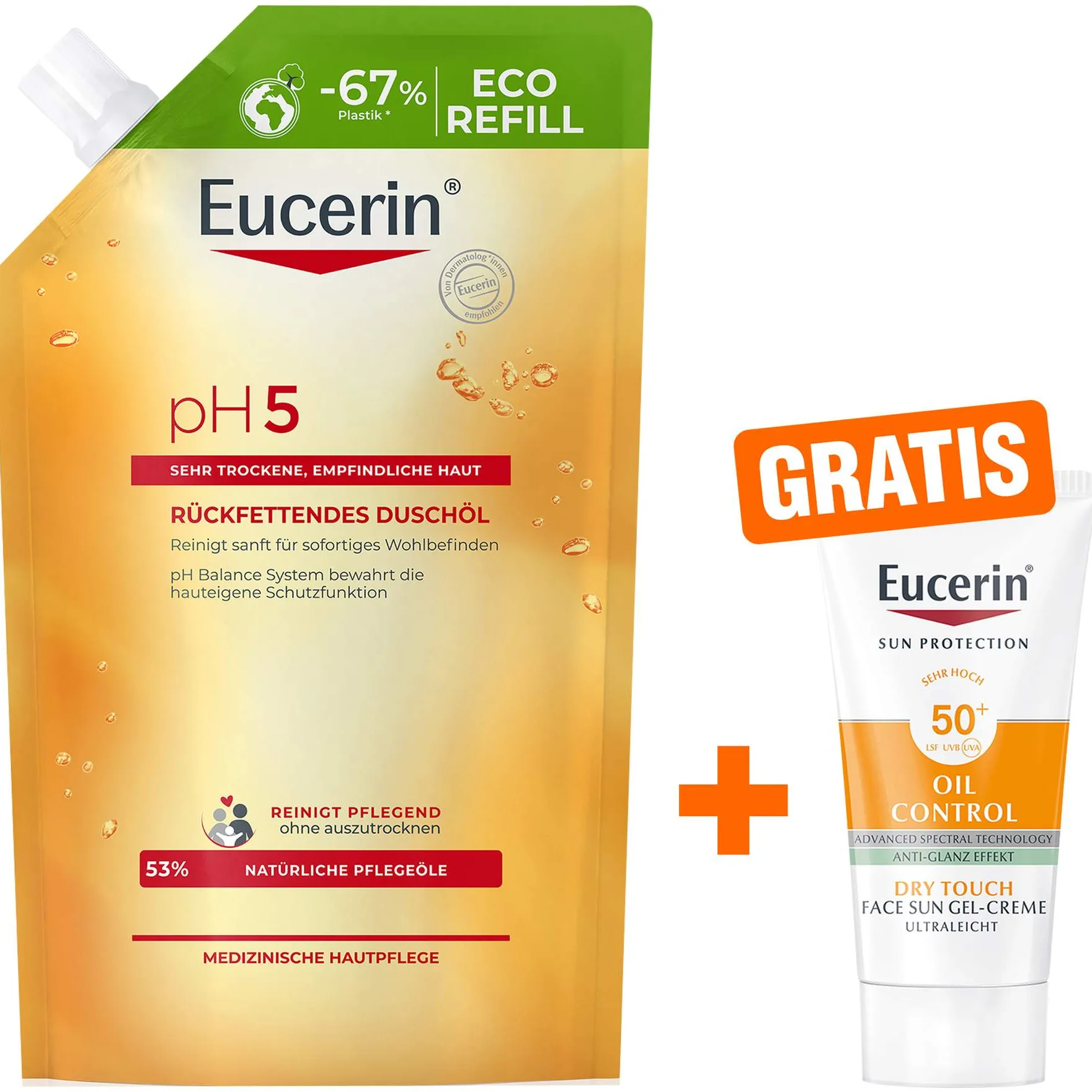 Eucerin pH5 Duschöl 400 ml Nachfüllbeutel empfindliche Haut + gratis Eucerin Sun Gelcreme Oil Control 20 ml - Bei empfindlicher Haut