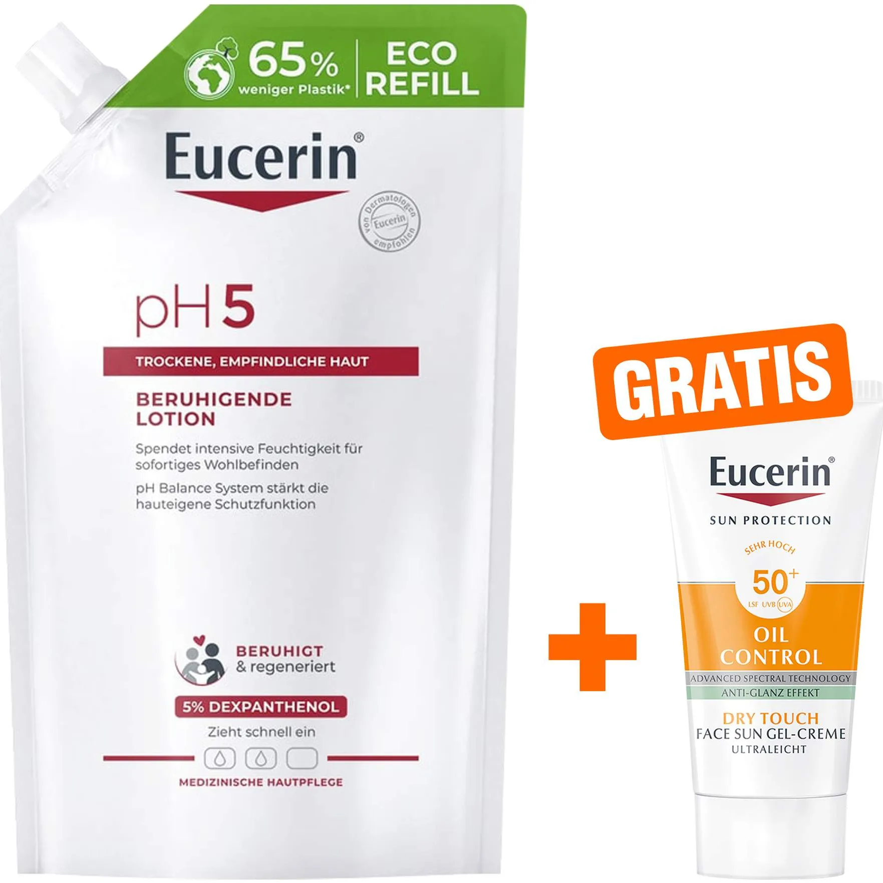 Eucerin pH5 Lotion 400ml Nachfüllbeutel empfindliche Haut + gratis Eucerin Sun Gel-Creme Oil Control 20 ml - Bi empfindlicher Haut