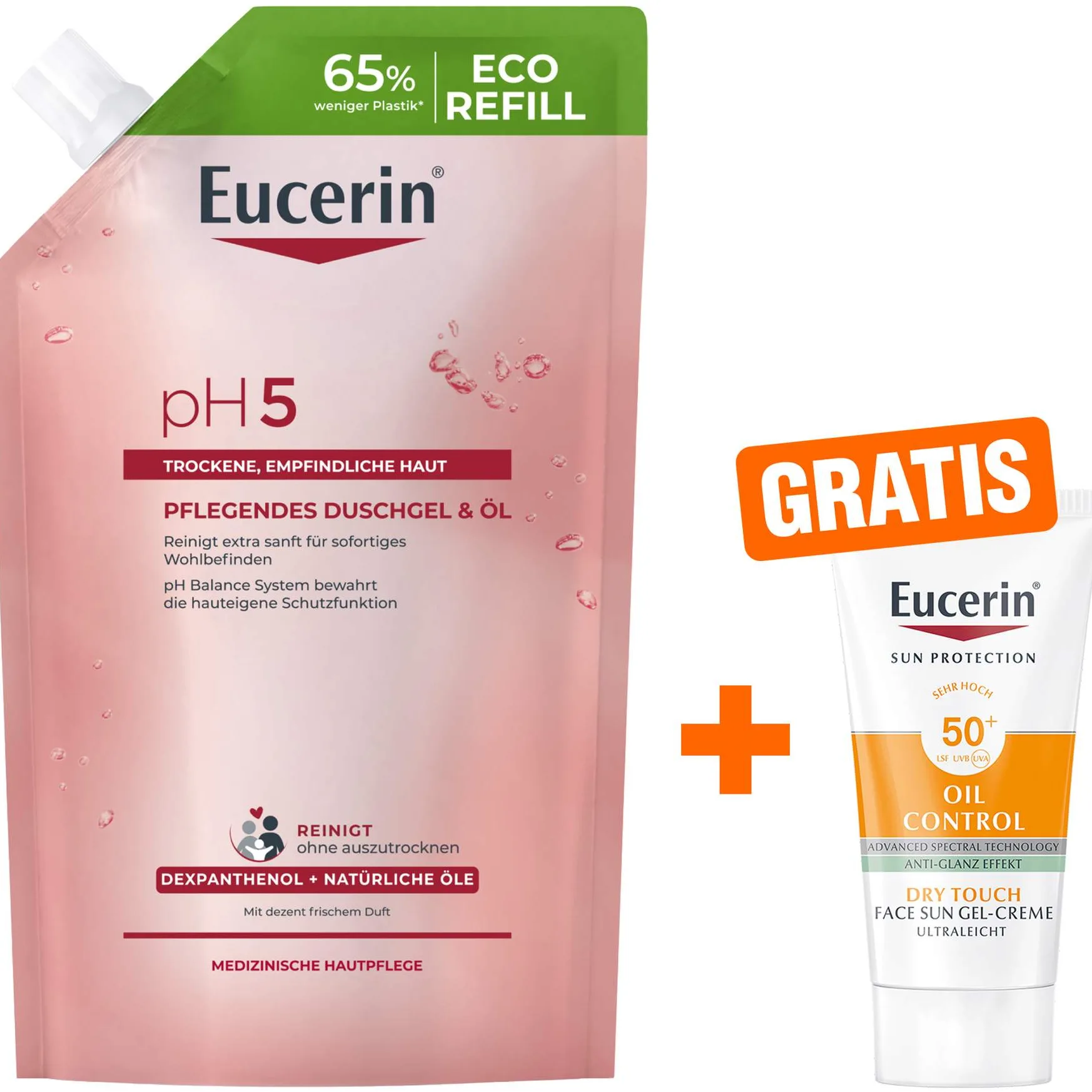 Eucerin pH5 Pflegendes Duschgel & Öl Nachfüllbeutel 400 ml + Eucerin Sun Gelcreme Oil Control 20 ml - Zum Duschen