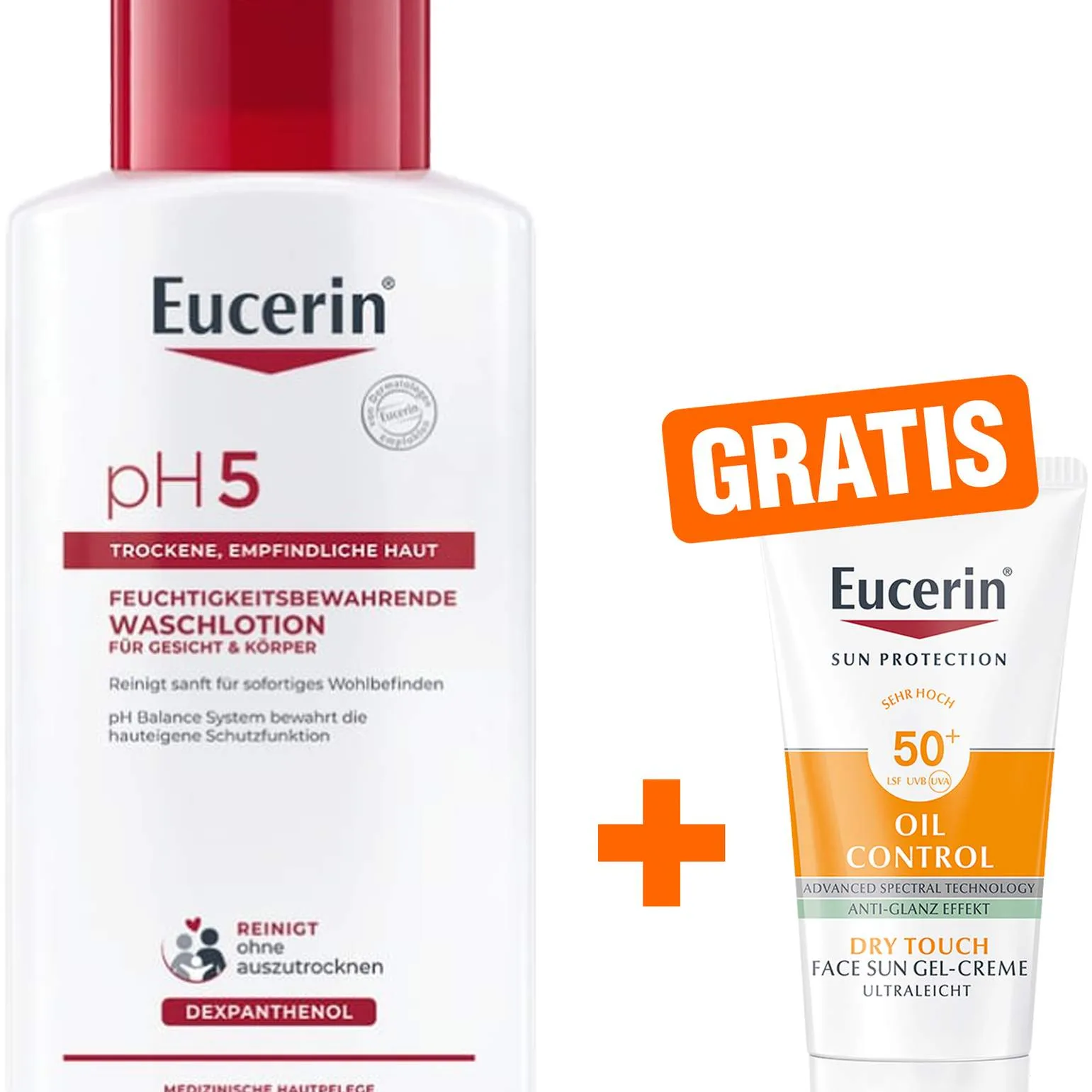 Eucerin pH5 Waschlotion 200 ml empfindliche Haut + gratis Eucerin Sun Gelcreme Oil Control 20 ml - Milde Reinigung