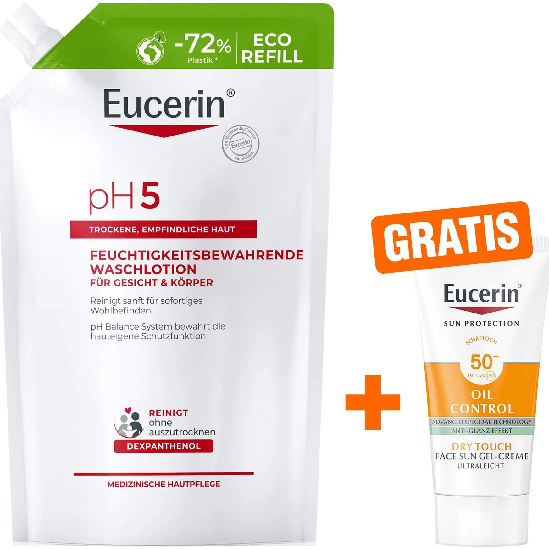 Eucerin pH5 Waschlotion 750 ml Nachfüllbeutel + gratis Eucerin Sun Gelcreme Oil Control 20 ml - Milde Reinigung