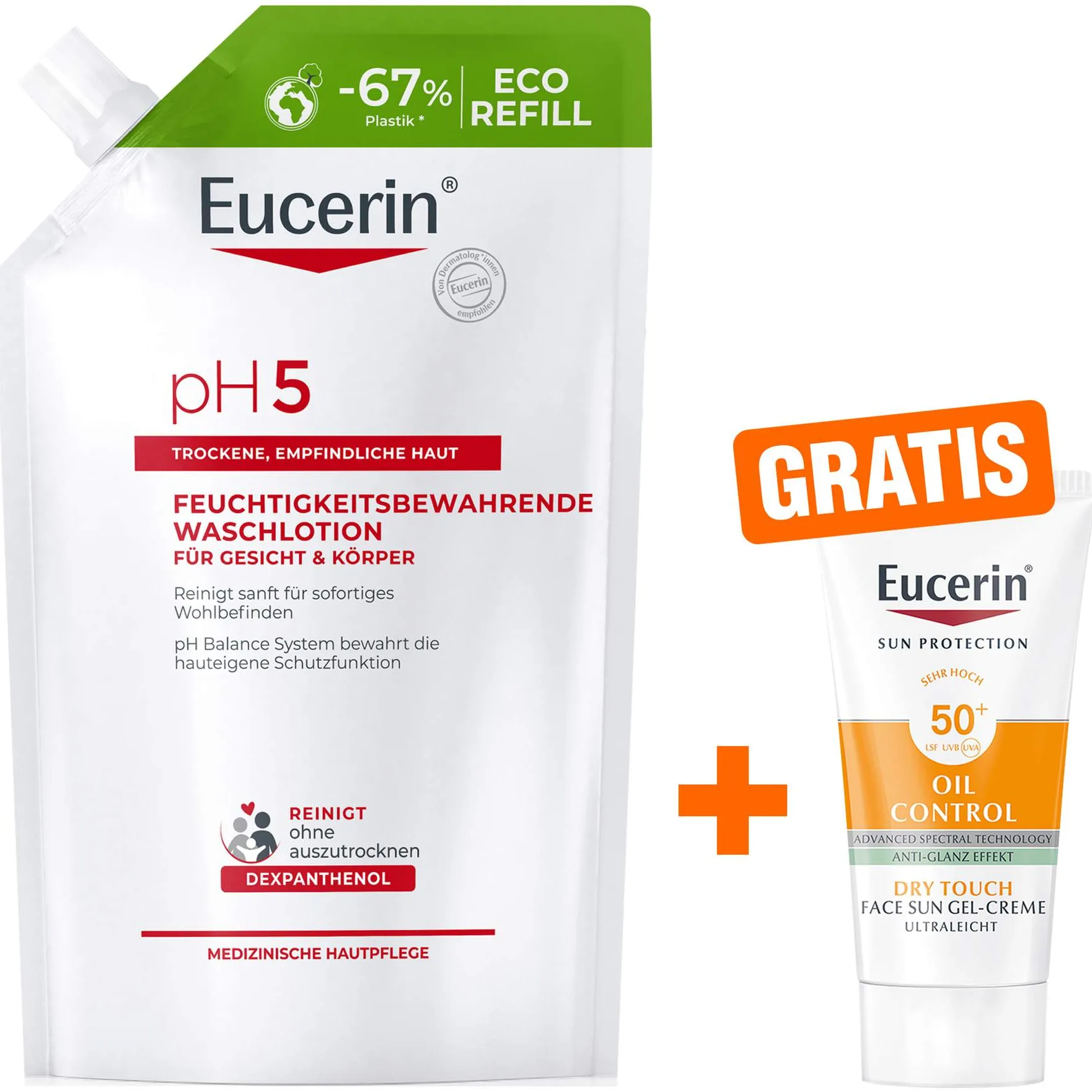 Eucerin pH5 Waschlotion empfindliche Haut Nachfüllbeutel 400 ml + gratis Eucerin Sun Gelcreme Oil Control 20 ml - Milde Reinigung