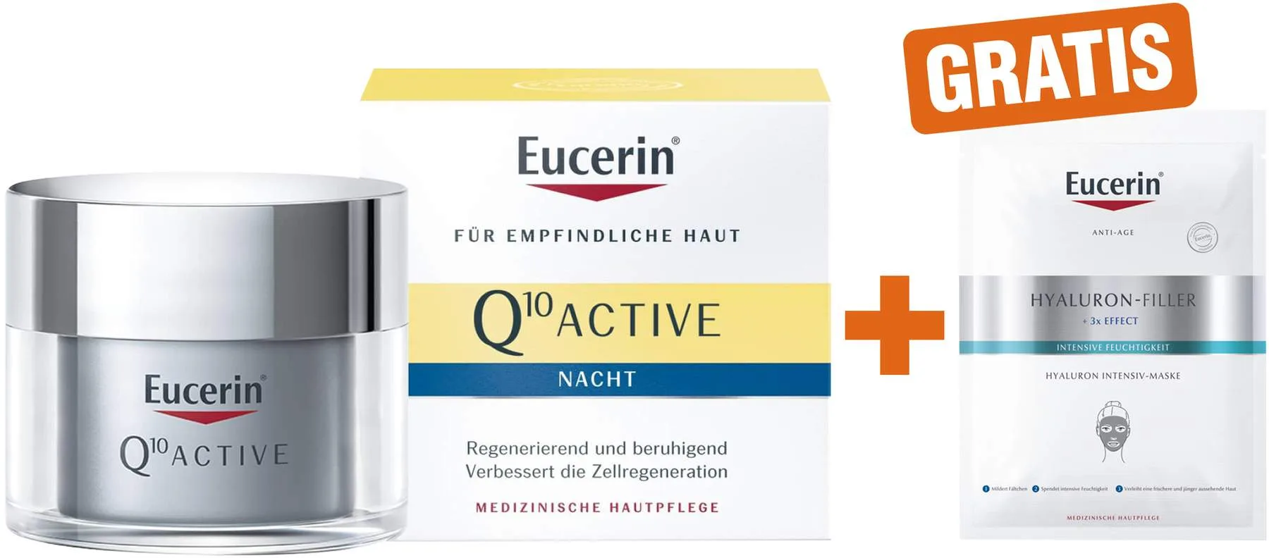 Eucerin Q10 Active Antifalten Nachtpflege 50 ml Creme + gratis Anti Age Hyaluron Filler Intensiv Maske 1 Stück - Bei Fältchen