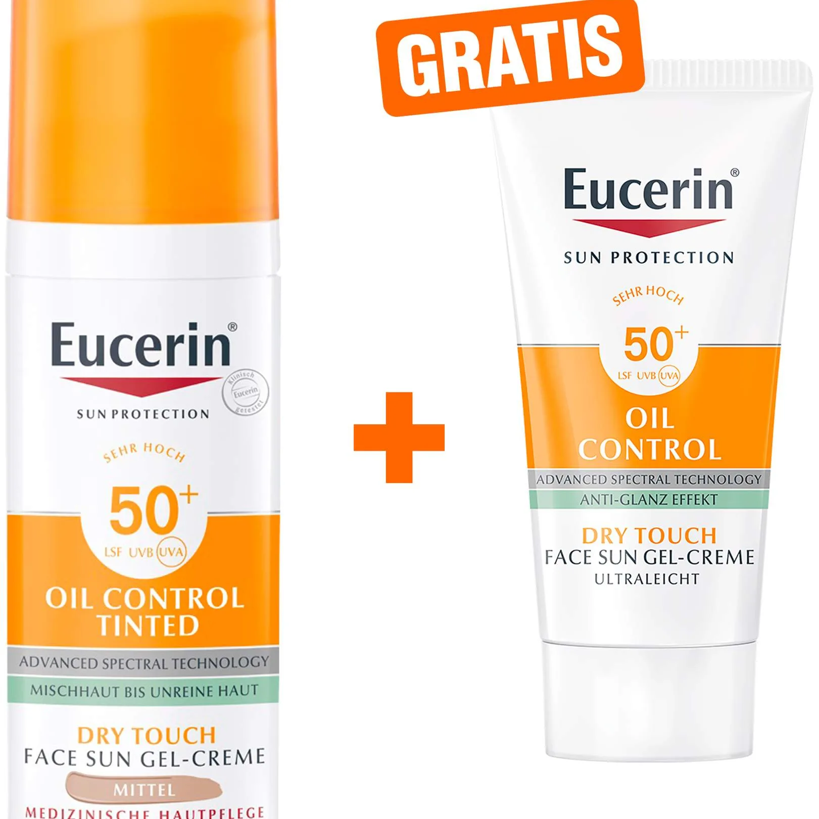 Eucerin Sun Oil Control Face Fluid Getönt (Mittel) LSF 50+ 50 ml + gratis Sun Gel-Creme Oil Control 20 ml - Sonnenschutz