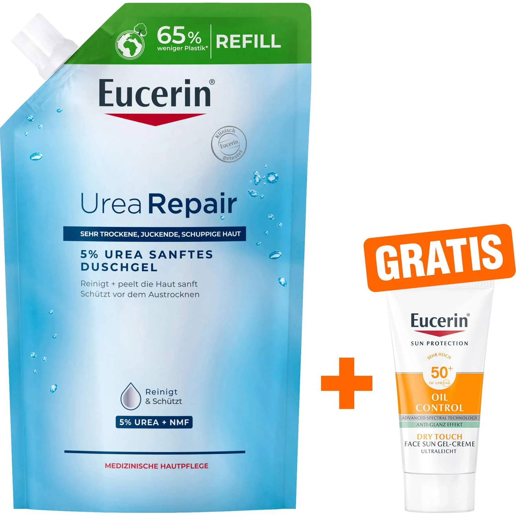 Eucerin UreaRepair 5% Urea Sanftes Duschgel Refil 400 ml + gratis Eucerin Sun Gel-Creme Oil Control 20 ml - Zur Duschpflege