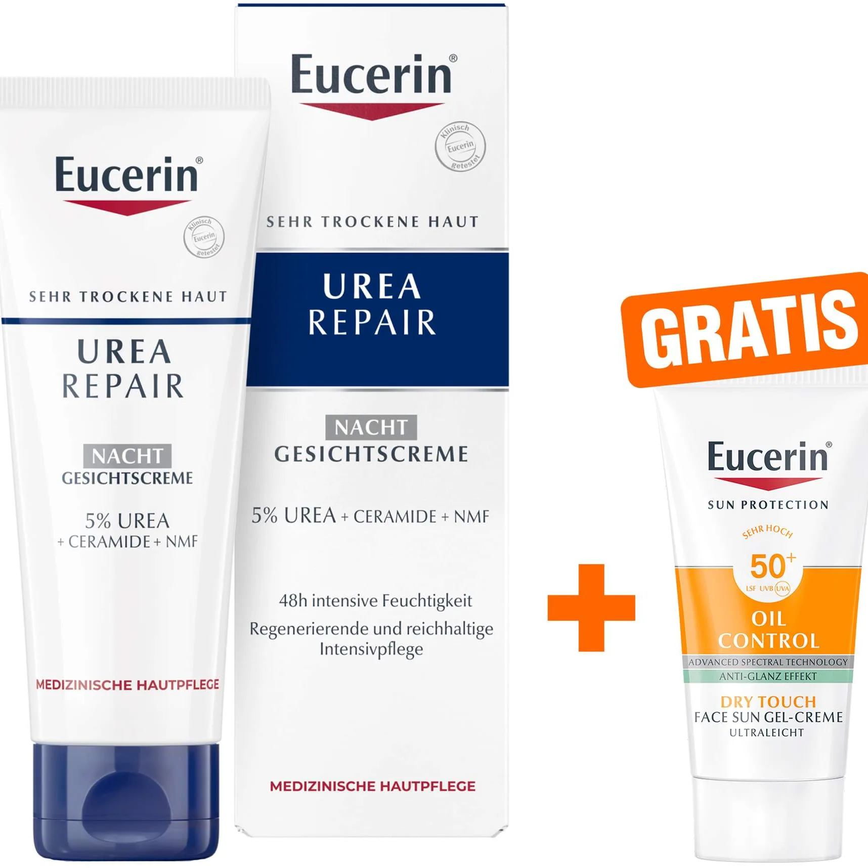 Eucerin UreaRepair Gesichtscreme Nacht 5% 50 ml + gratis Eucerin Sun Gel-Creme Oil Control 20 ml - Bei sehr trockener Haut