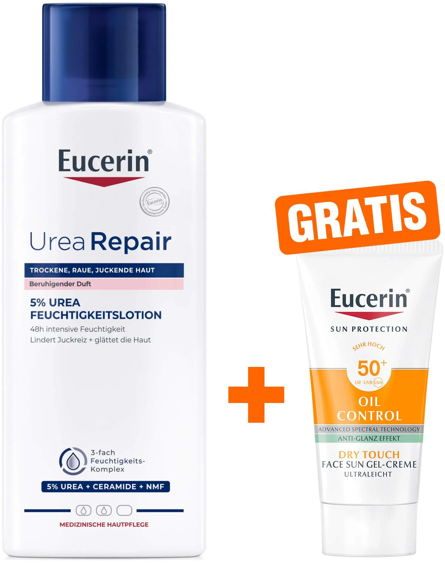 Eucerin UreaRepair Plus Lotion 5 % mit Duft 250 ml + gratis Eucerin Sun Gel-Creme Oil Control 20 ml - Bei trockener Haut