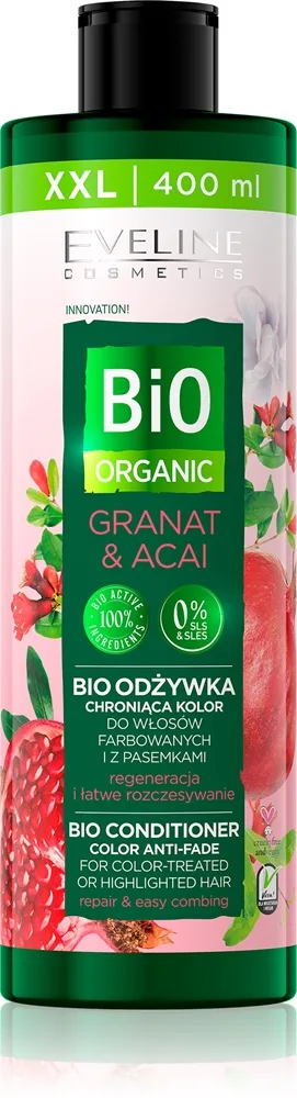 Eveline Cosmetics Bio Organic Granat & Acai elvyttävä hoitoaine värjätyille ja raidoitetuille hiuksille 400 ml