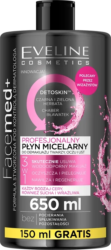Eveline Cosmetics FaceMed+ Rengörande och s minkborttagande micellärt vatten med avgiftande egenskaper 650 ml