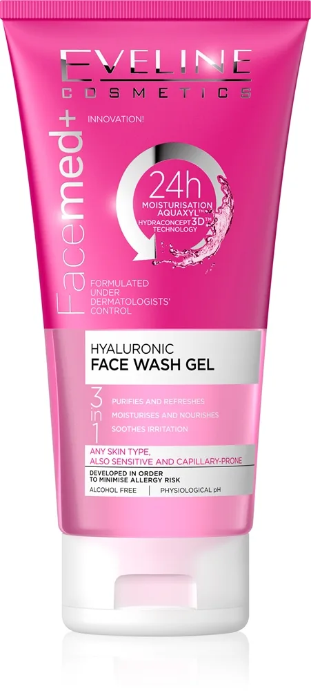 Eveline Cosmetics FaceMed+ puhdistusgeeli 3in1 sisältää hyaluronihappoa 150 ml