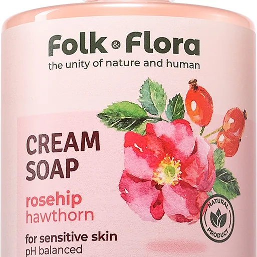 Folk & Flora Rosehip & Hawthorn Krämig flytande tvål för känslig hud 500 ml