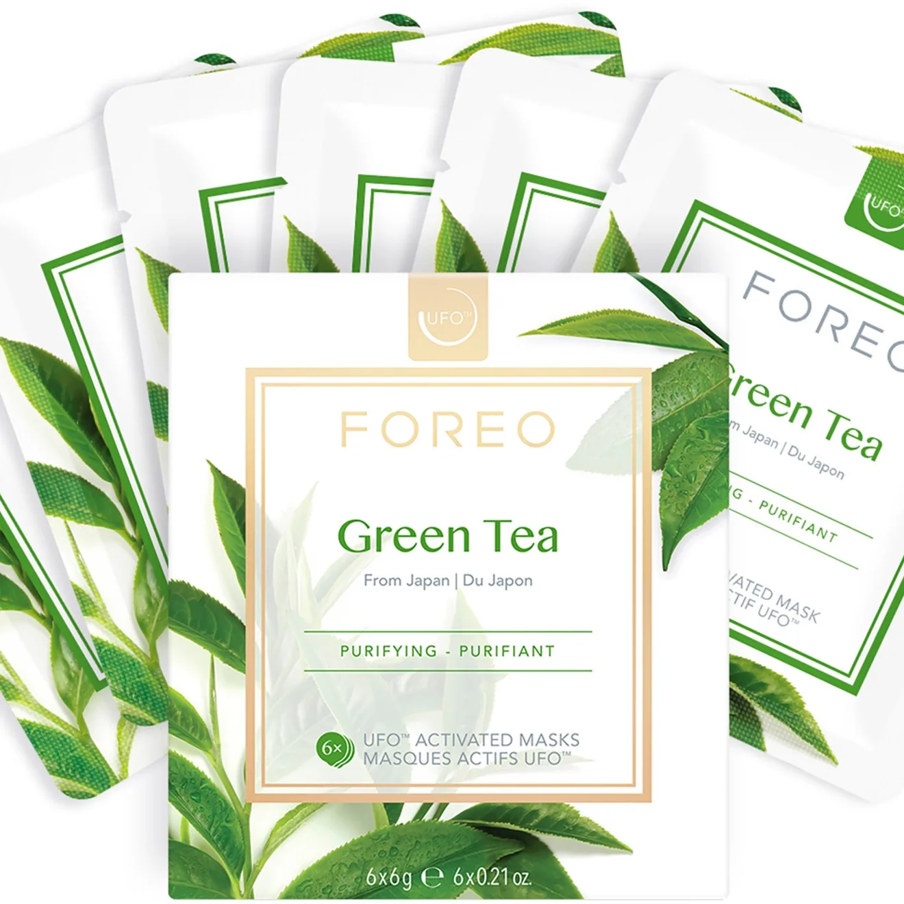 FOREO UFO™ Green Tea virkistävä ja rauhoittava naamio 6 x 6 g