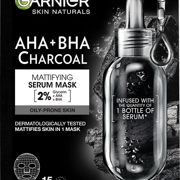 Garnier Textil Masks AHA+BHA Charcoal Fuktgivande arkmask för ansiktet med aktivt kol 28 g