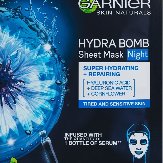 Garnier Textil Masks Hydra Bomb Fuktgivande arkmask för ansiktet för natten 28 g