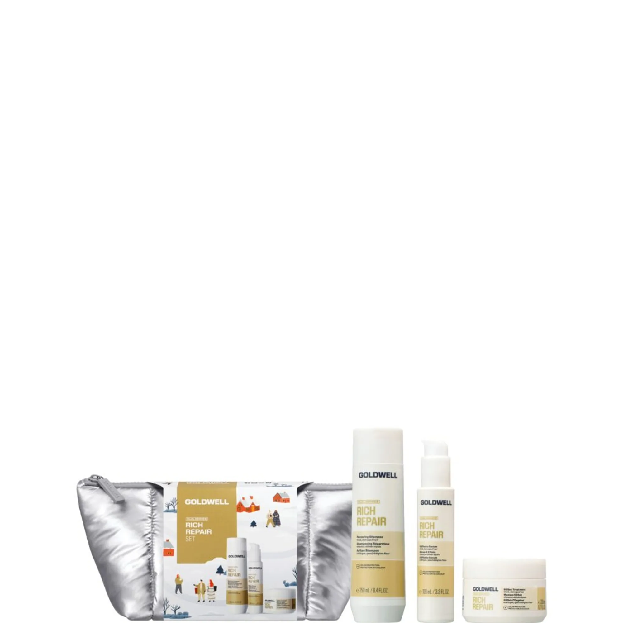 Goldwell Dualsenses Rich Repair sæt – Genopbyggende shampoo, 60 sekunders hårkur og 6-effekters serum til skadet hår Hårplejesæt