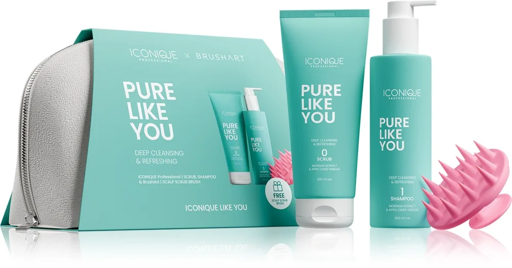 ICONIQUE Professional PURE LIKE YOU Set Shampoo 250 ml Scrub 200 ml BrushArt Massage Brush Geschenkset für Haare und Kopfhaut