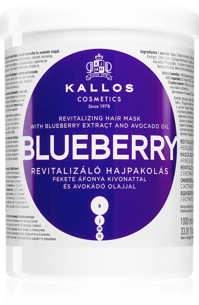 Kallos KJMN Professional Blueberry Återvitaliserande mask För torrt, skadat, kemiskt behandlat hår 1000 ml