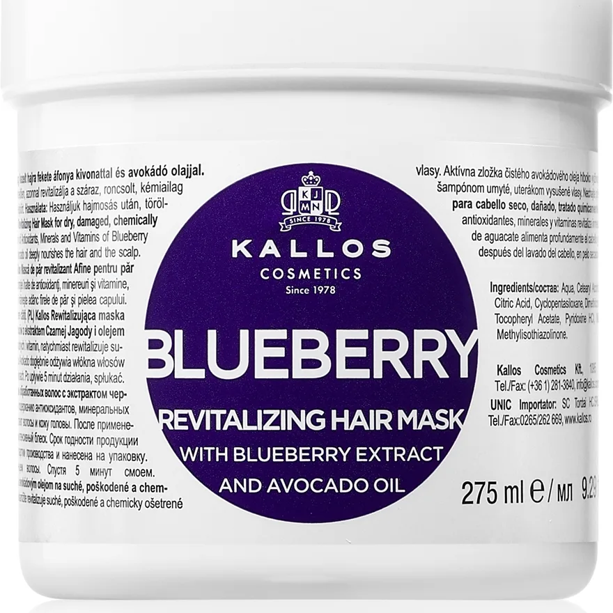 Kallos KJMN Professional Blueberry Återvitaliserande mask För torrt, skadat, kemiskt behandlat hår 275 ml