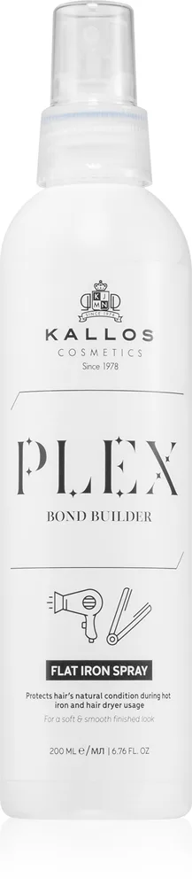 Kallos Plex Flat Iron Spray Hårspray med varmebeskyttelse til brug med glattejern og krøllejern Til skadet, kemisk behandlet hår 200 ml