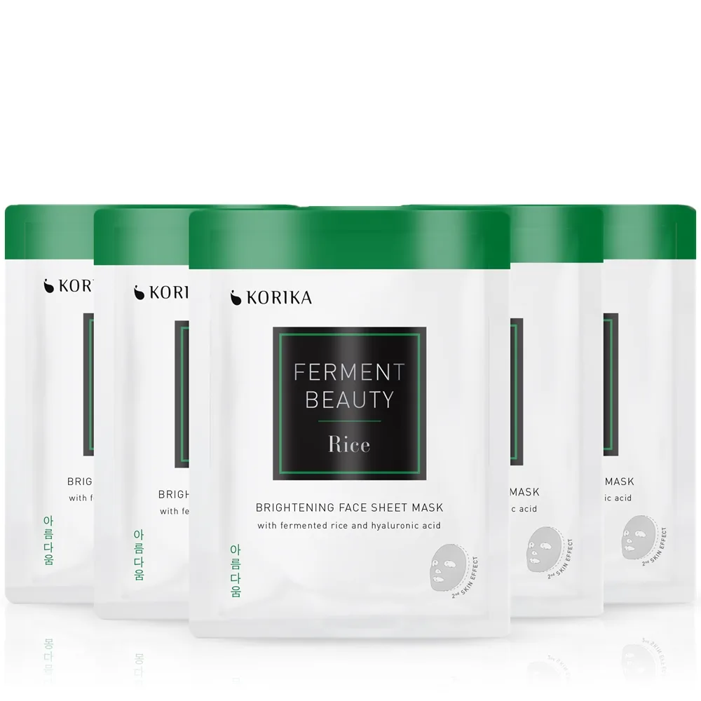 KORIKA FermentBeauty Set of 5 Brightening Face Sheet Masks with Fermented Rice and Hyaluronic Acid ansigtsmaske, reduceret pris