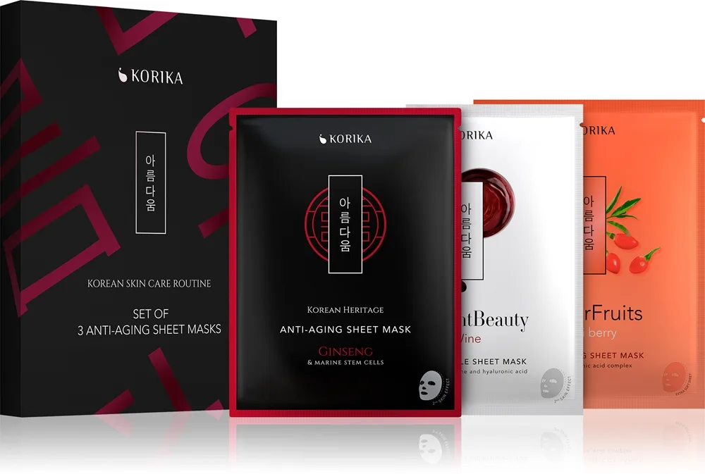 KORIKA KOREAN SKIN CARE ROUTINE SET OF 3 ANTI-AGING SHEET MASKS Set med effekt mot rynkor