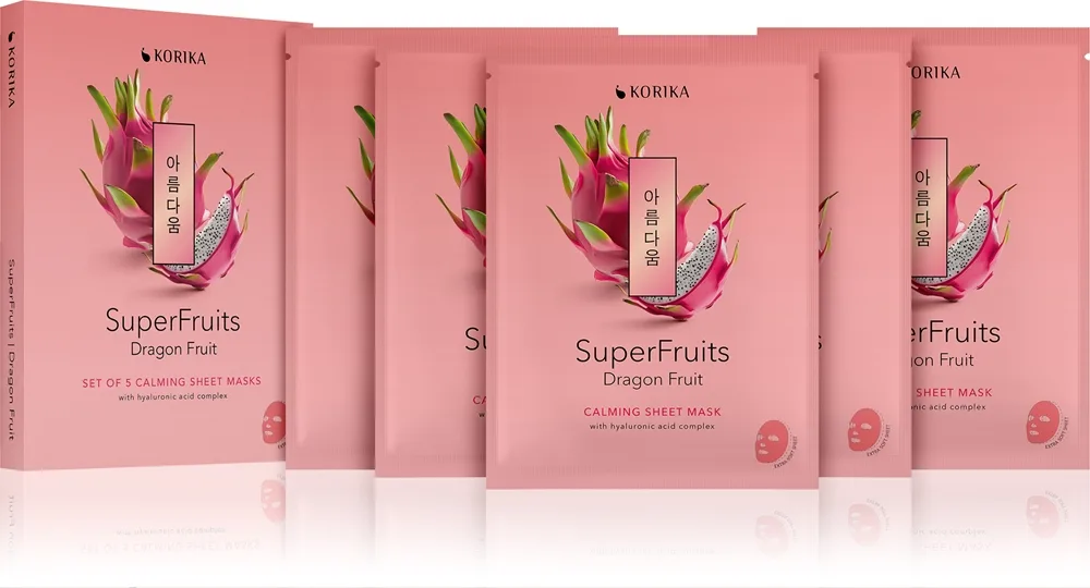 KORIKA SuperFruits Dragon Fruit - Set of 5 Calming Face Sheet Masks ansigtsmaske, reduceret pris har en beroligende virkning 5x25 g