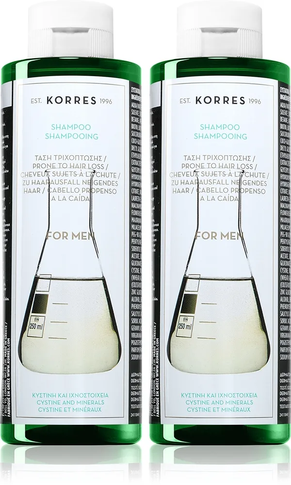 Korres Cystine & Minerals hiustenlähtöä ehkäisevä shampoo edullinen pakkaus miehille