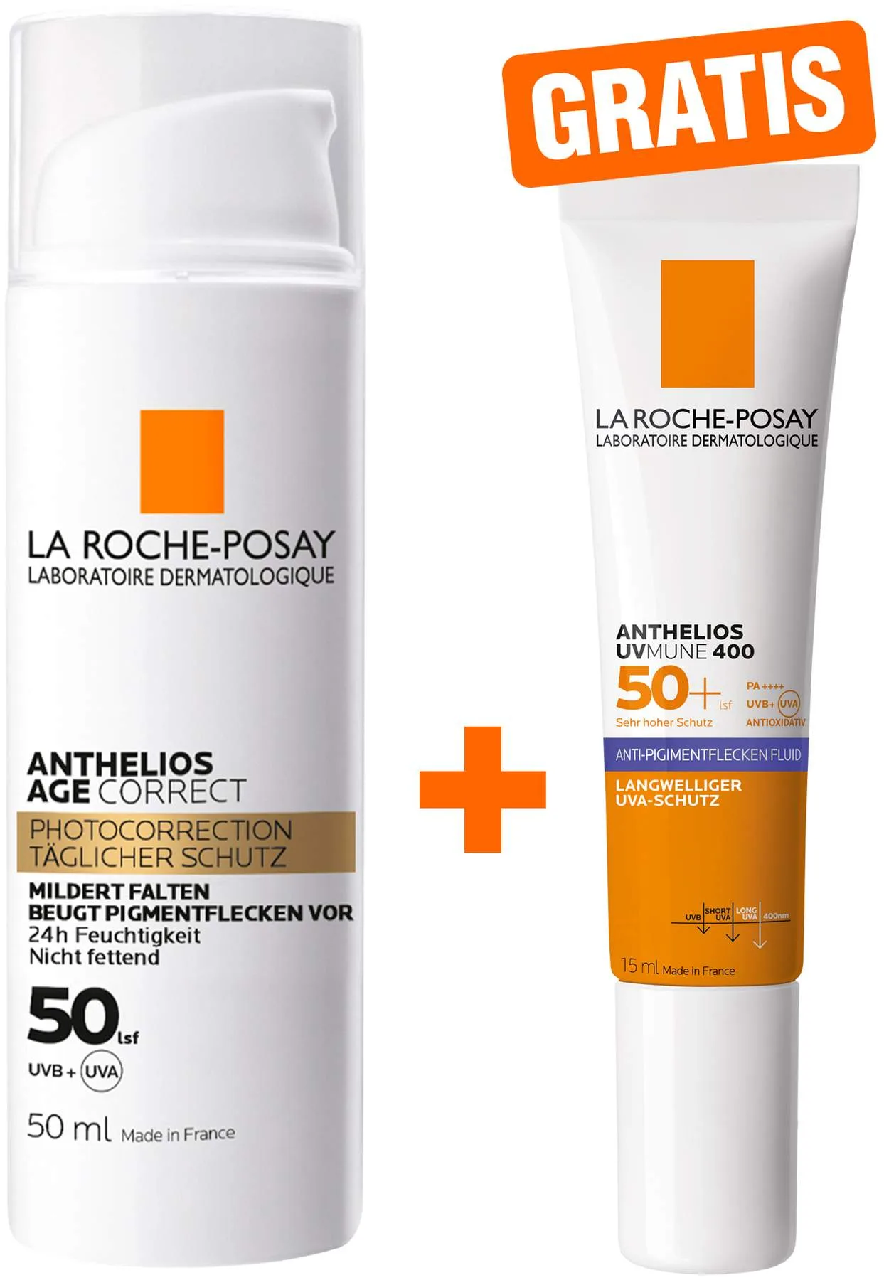 La Roche Posay Anthelios Age Correct Creme LSF 50 50 ml + gratis La Roche Posay Anthelios Anti-Pigment Fluid 15 ml - Anti Aging Sonnenschutz