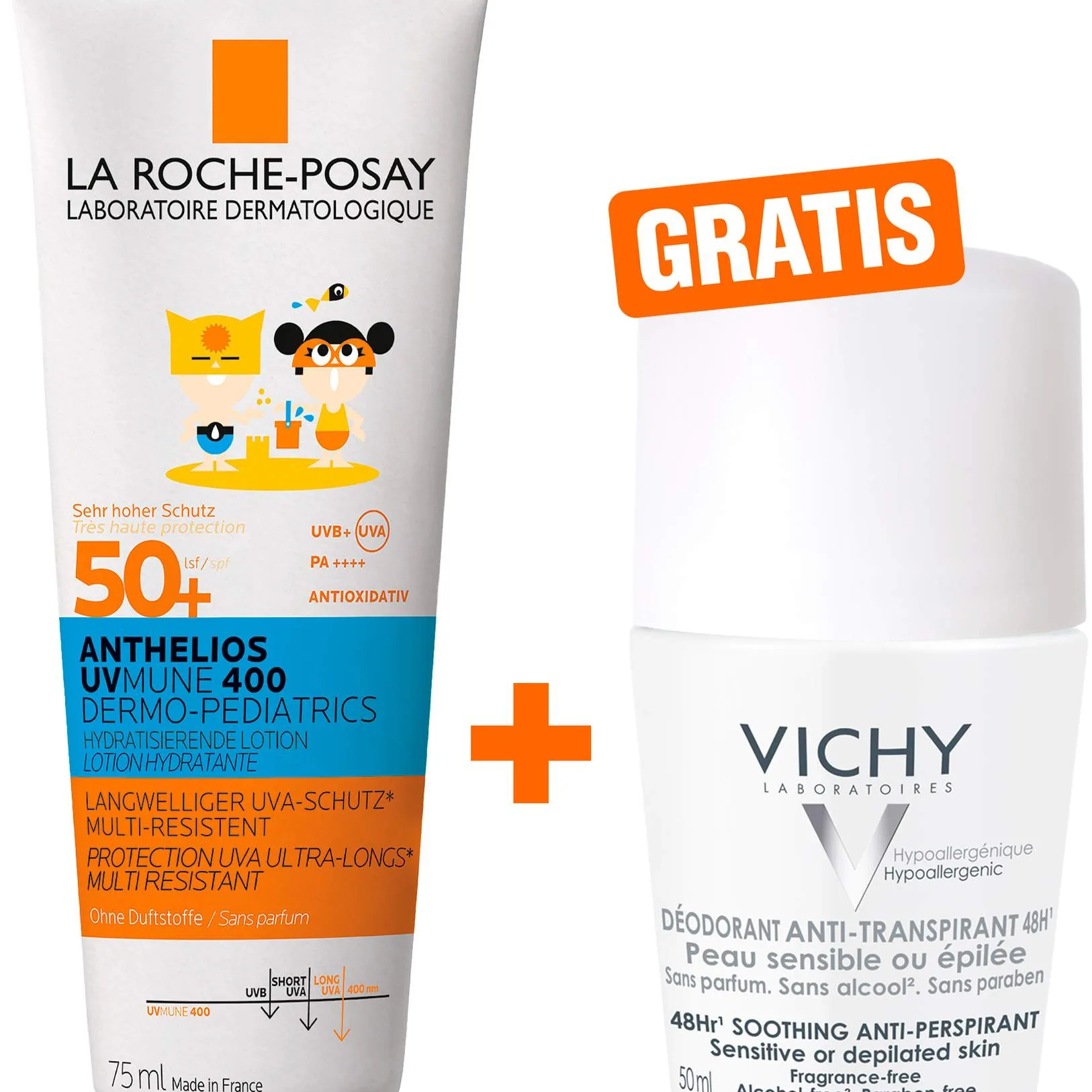 La Roche Posay Anthelios Dermo-Kids Hydratisierende Milch UVMune LSF50 75 ml + gratis Vichy Deo Roll-on 48h 50 ml - Sonnenschutz