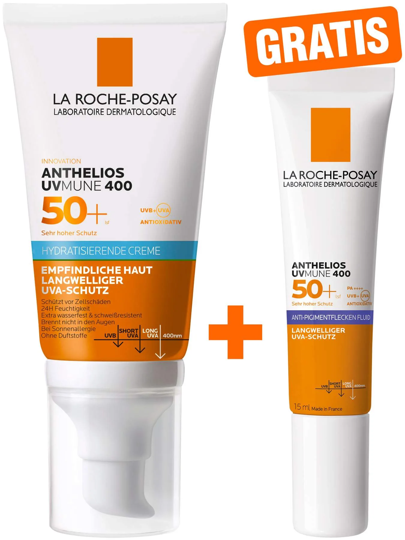 La Roche Posay Anthelios Hydratisierende Creme UVMune 400 LSF 50+ 50 ml + gratis La Roche Posay Anti-Pigment Fluid 15 ml - Feuchtigkeitspflege mit Lichtschutz