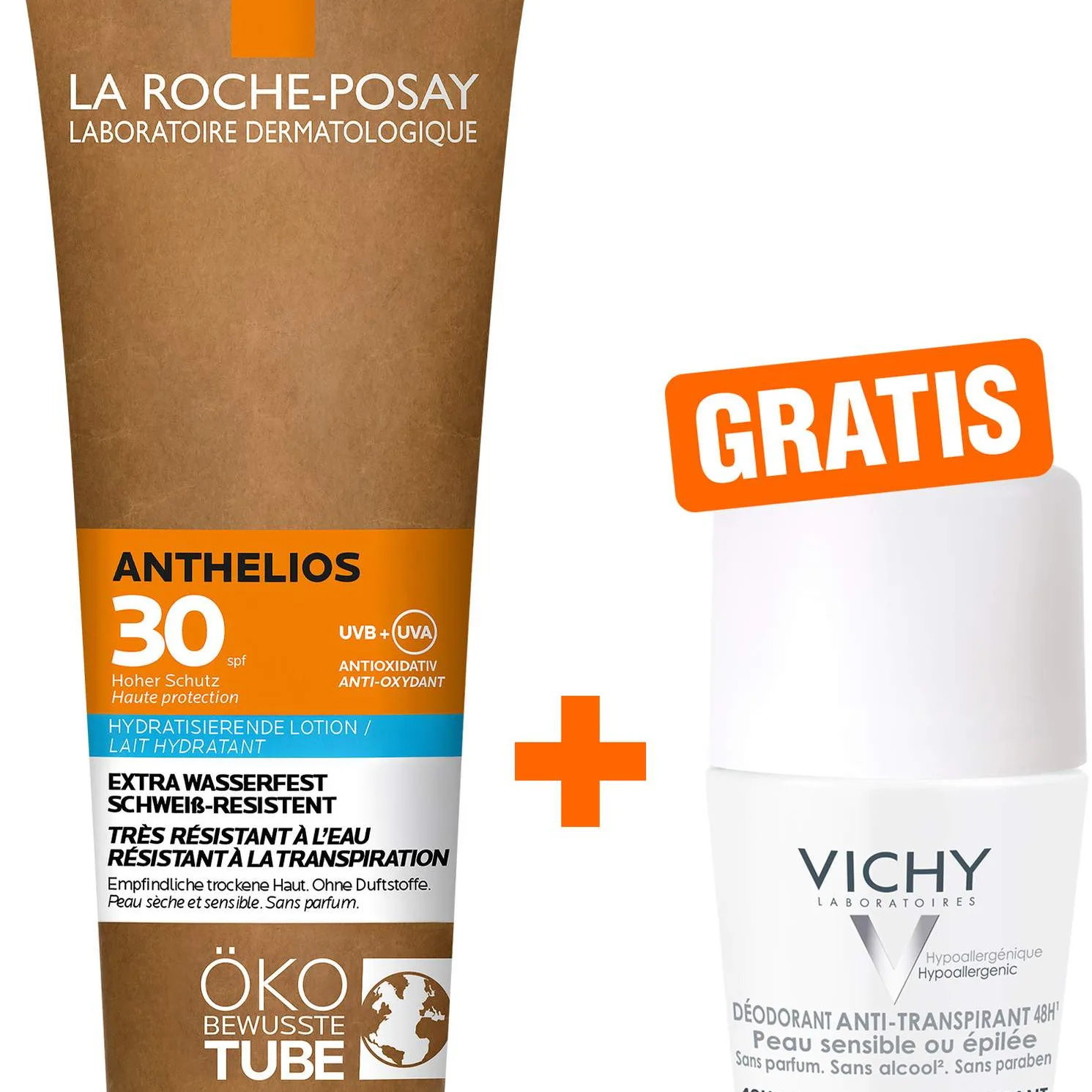 La Roche Posay Anthelios Milch LSF 30 Papp Tube 250 ml + gratis Vichy Deo Roll-on Anti Flecken 48h 50 ml - Feuchtikeitsspendender Sonnenschutz