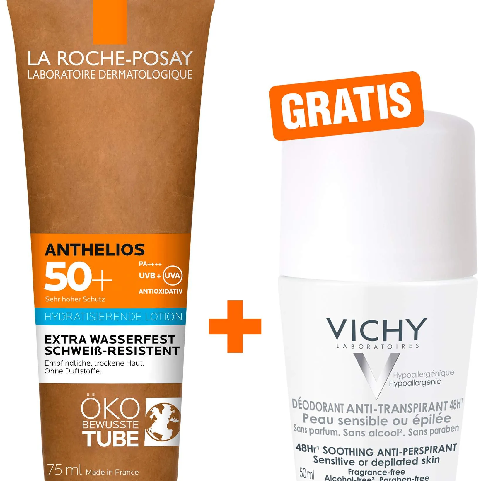 La Roche Posay Anthelios Milch LSF 50+ 75 ml + gratis Vichy Deo Roll-on Anti Flecken 48h 50 ml - Sonnenlotion für empfindliche und trockene Haut