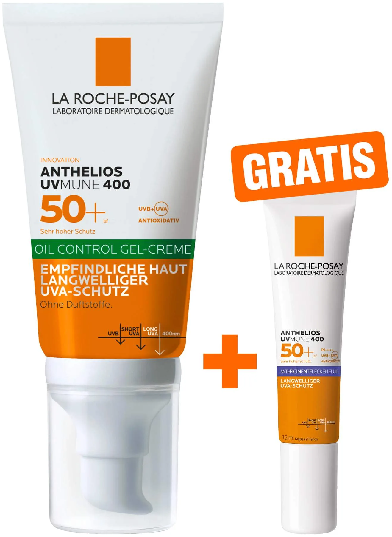 La Roche Posay Anthelios Oil Control Gel-Creme UV Mune 400 LSF 50+ 50 ml + gratis Anthelios Anti-Pigment Fluid 15 ml - Sonnengel für ölige Haut