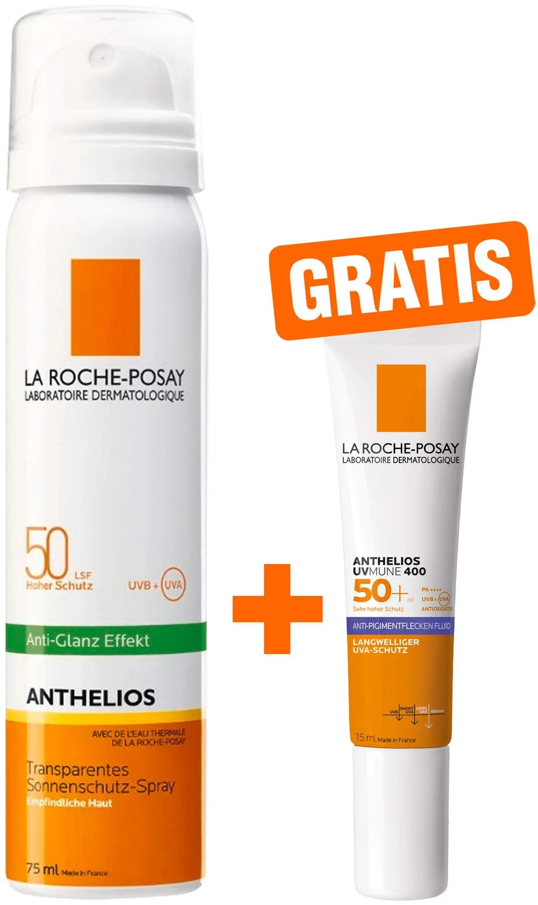 La Roche Posay Anthelios transparentes Gesichtsspray LSF50 75 ml + gratis La Roche Posay Anthelios Anti-Pigment 15 ml - Sonnenschutz
