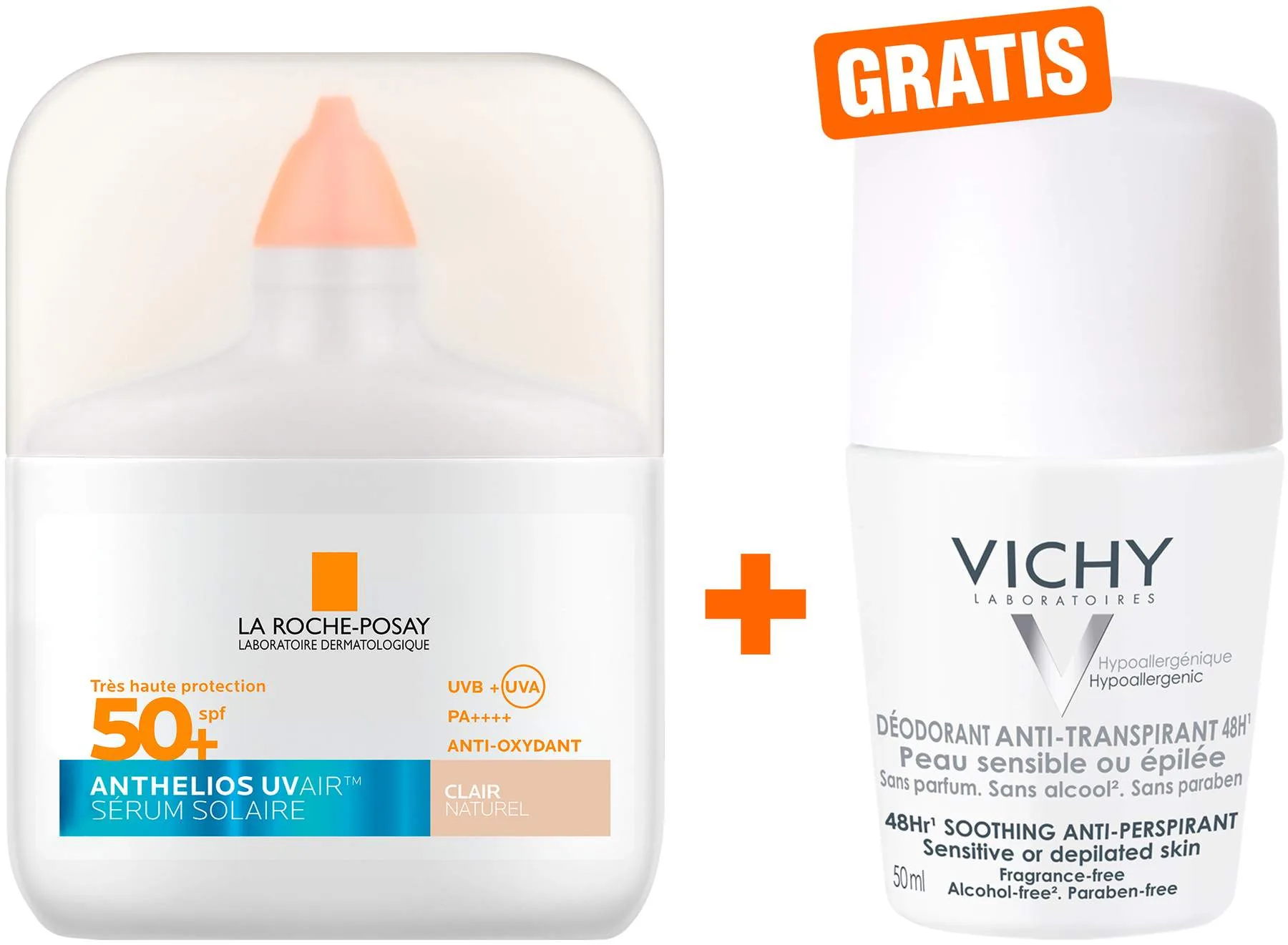 La Roche Posay Anthelios UV Air Serum LSF 50+ Getönt hell 50 ml + gratis Vichy Deo Roll-on Anti Flecken 48h 50 ml - Sonnenschutz