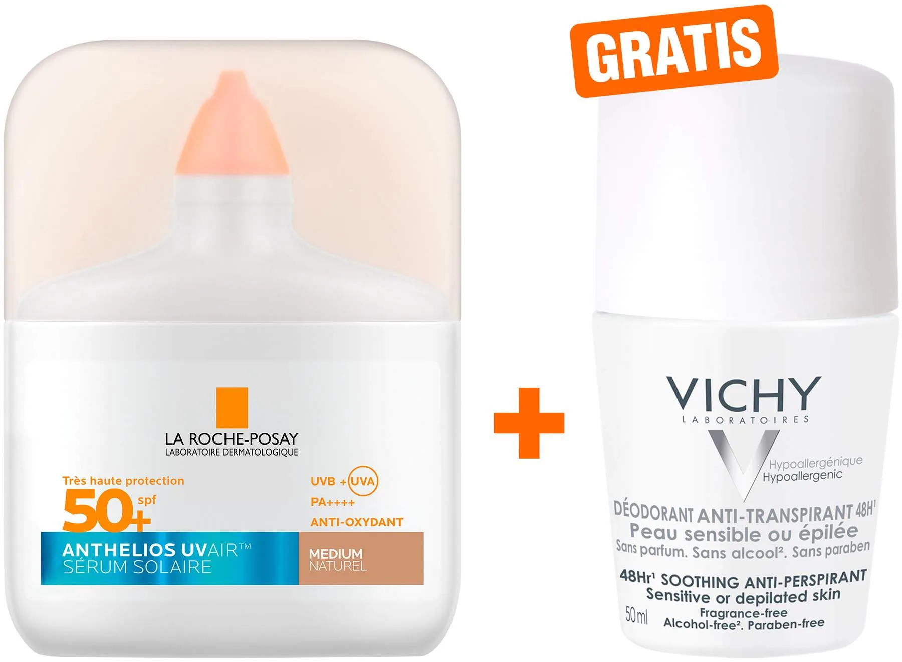 La Roche Posay Anthelios UV Air Serum LSF 50+ Getönt mittel 50 ml + gratis Vichy Deo Roll-on Anti Flecken 48h 50 ml - Sonnenschutz